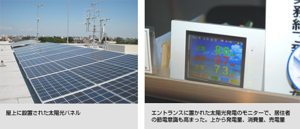 屋上に設置された太陽光パネル、エントランスに置かれた太陽光発電のモニターで、居住者の節電意識も高まった。上から発電量、消費量、売電量