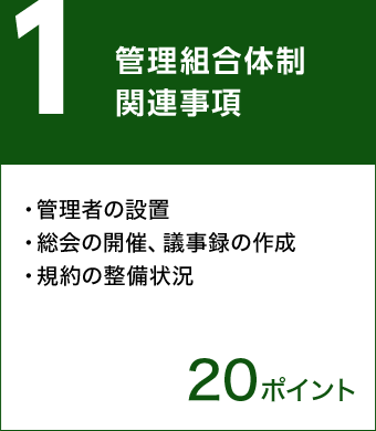 1.管理組合体制関連事項/管理者の設置、総会の開催、議事録の作成、規約の整備状況　20ポイント